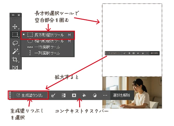選択範囲で囲んで、photoshopの生成AIを使う